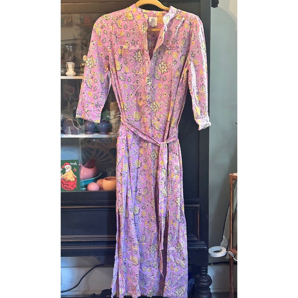 dRA Los Angeles Floral Midi/Maxi Shirt Dress M Pink Yellow Cotton Belted